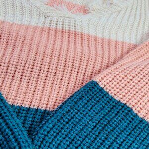 Rue21 multi colored oversize sweater with fringe blue pink orange boat neck